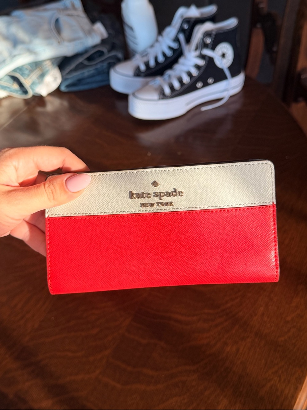 kate spade Two-Tone Red and Cream Saffiano Long Wallet